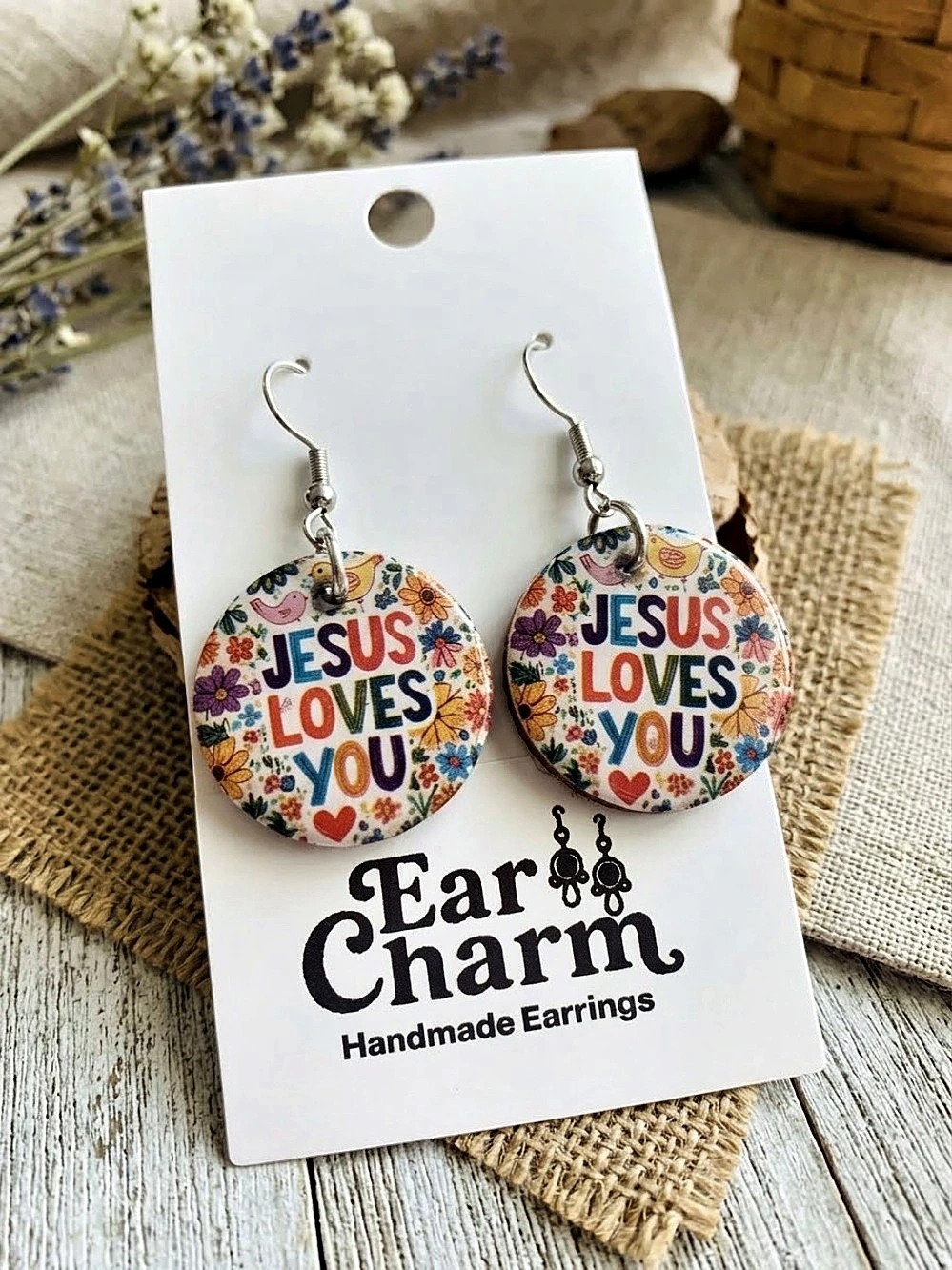 Floral Multicolor Jesus Loves You Earrings NWT